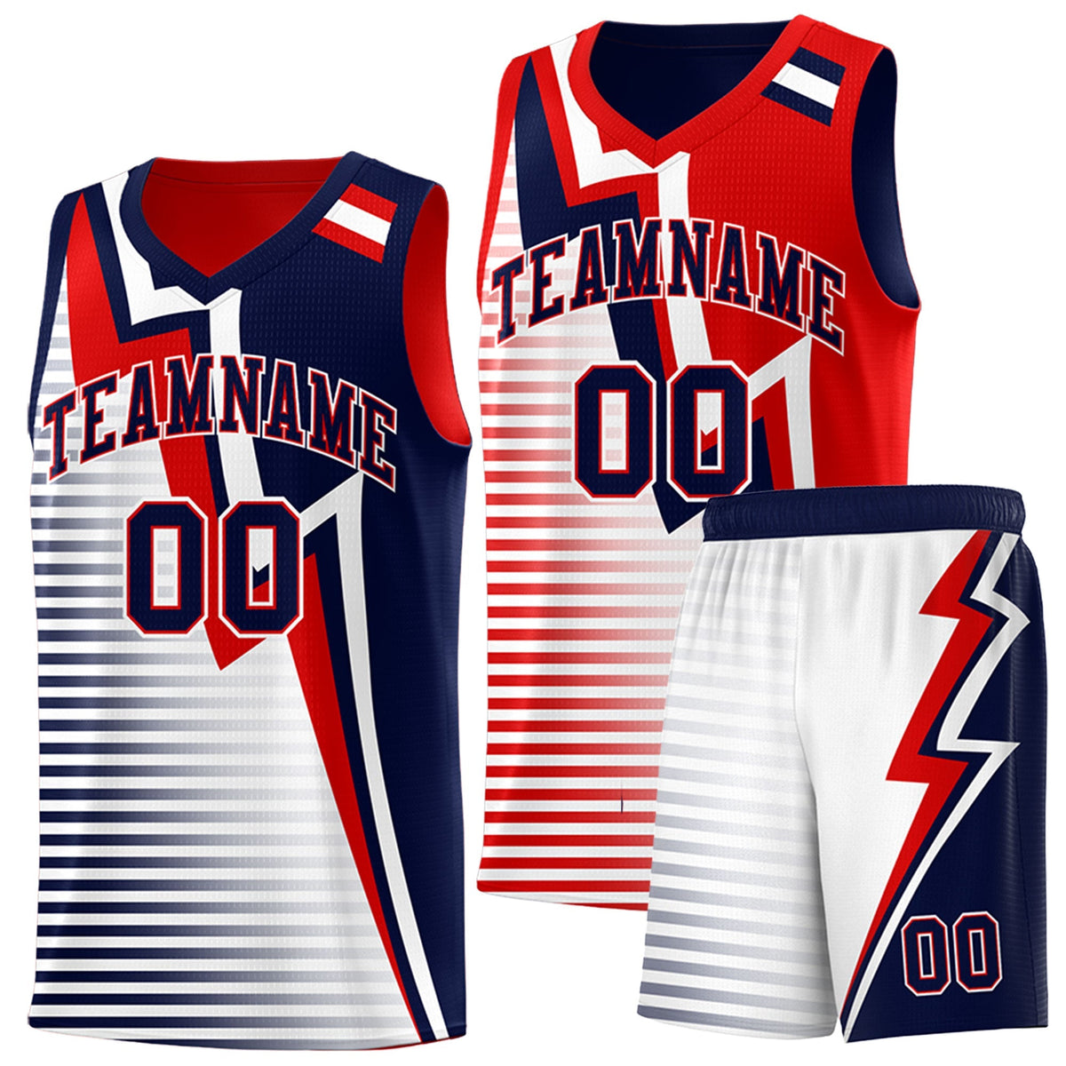 Custom Navy Red White Gradient Stripes Lightning Pattern Reversible Sets Basketball Jersey| KXKSHOP