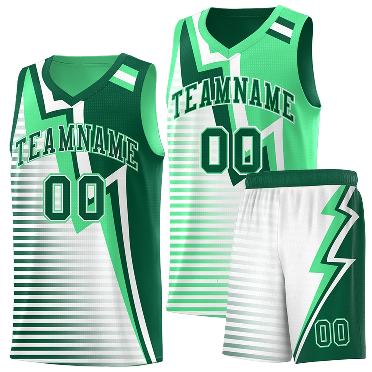 Custom Kelly Green Green White Gradient Stripes Lightning Pattern Reversible Sets Basketball Jersey| KXKSHOP