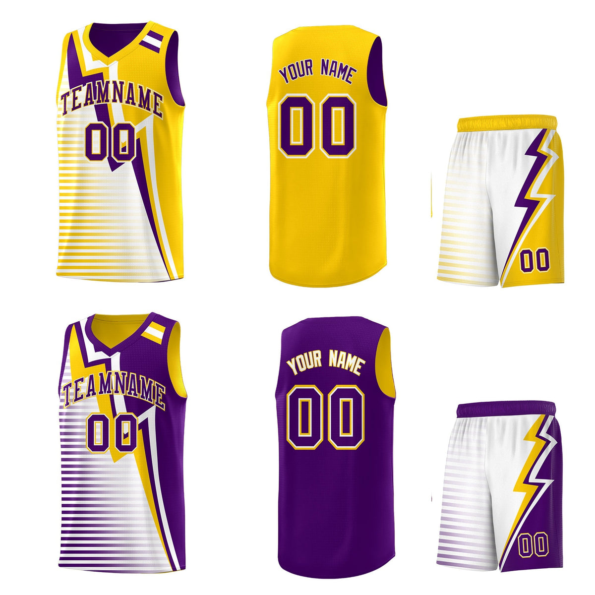 Custom Purple Gold White Gradient Stripes Lightning Pattern Reversible Sets Basketball Jersey| KXKSHOP