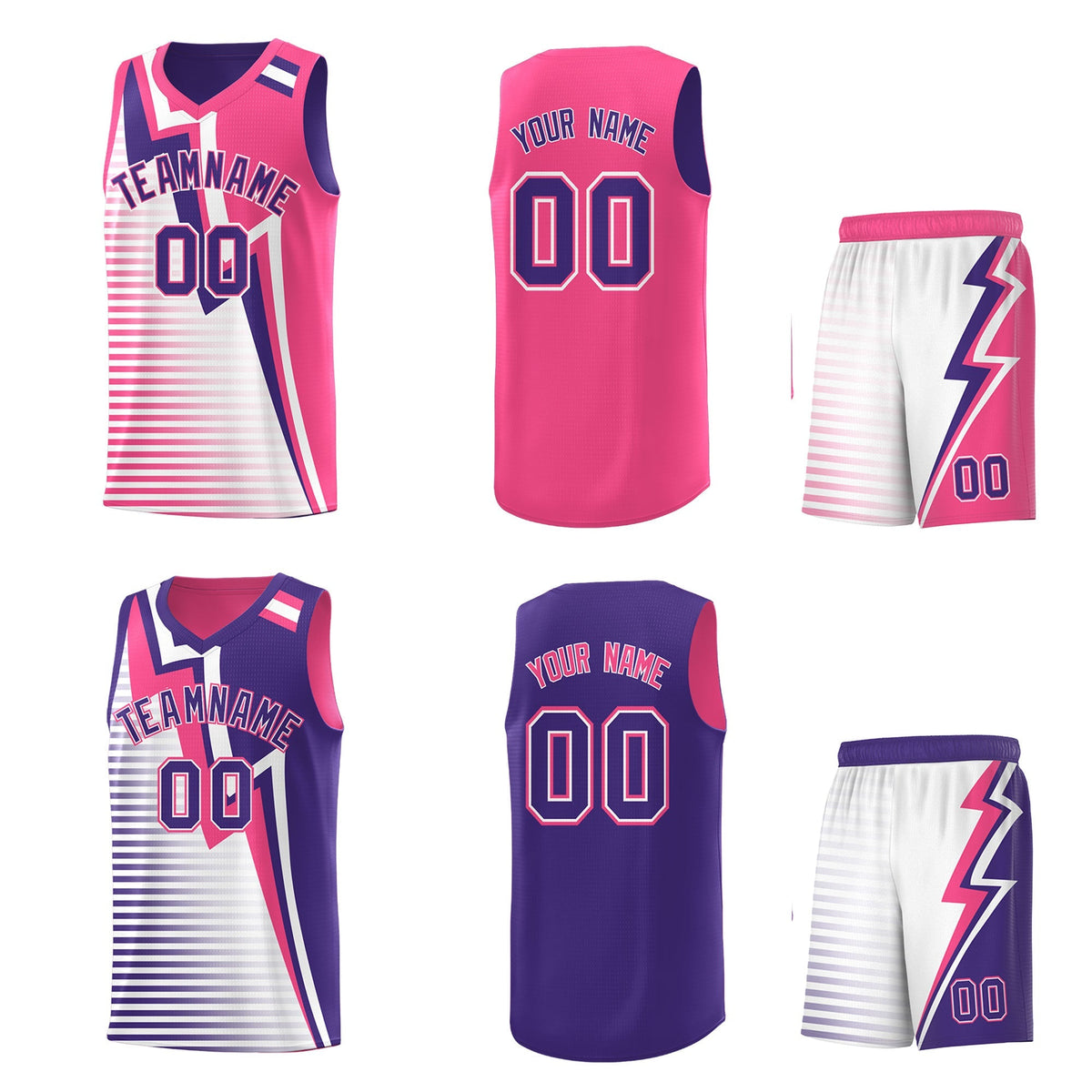 Custom Purple Pink White Gradient Stripes Lightning Pattern Reversible Sets Basketball Jersey| KXKSHOP