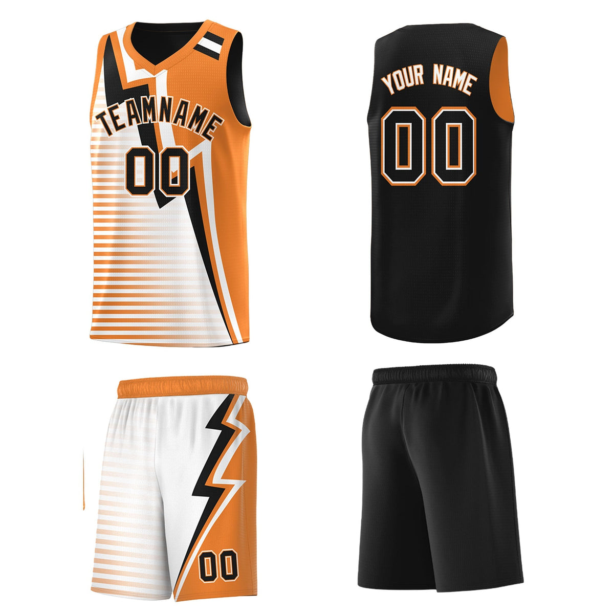 Custom Black Gold Orange White Gradient Stripes Lightning Pattern Reversible Sets Basketball Jersey| KXKSHOP