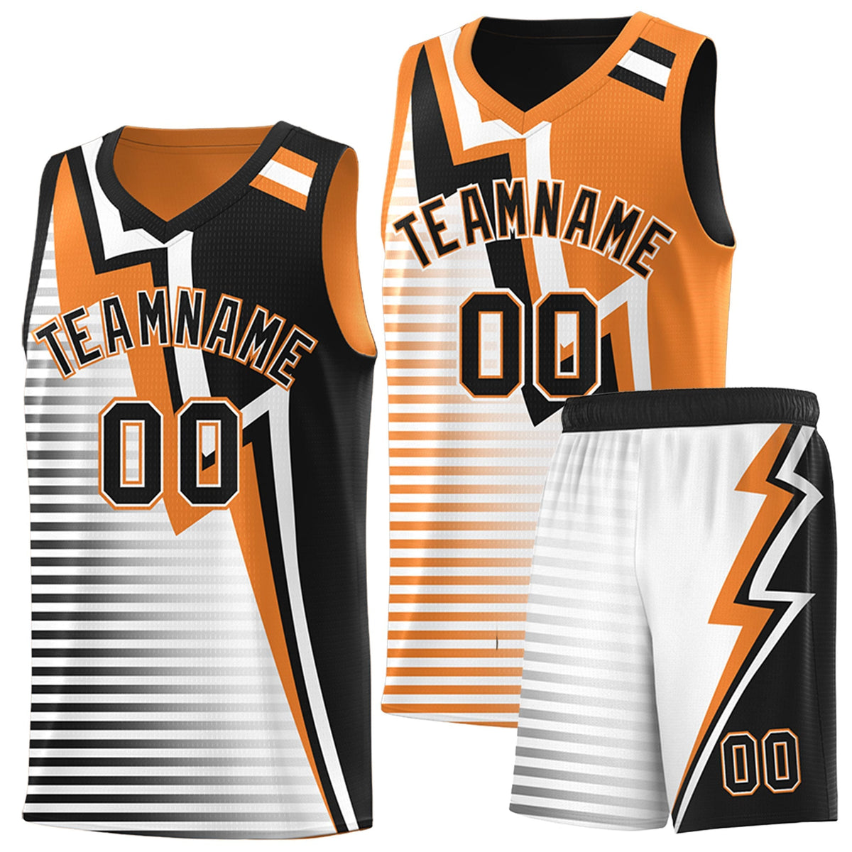 Custom Black Gold Orange White Gradient Stripes Lightning Pattern Reversible Sets Basketball Jersey| KXKSHOP