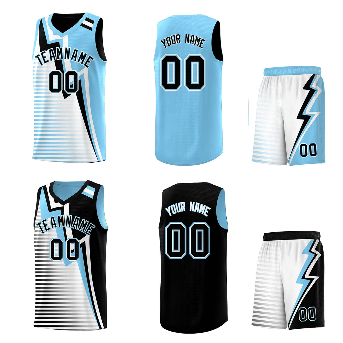 Custom Black Light Blue White Gradient Stripes Lightning Pattern Reversible Sets Basketball Jersey| KXKSHOP