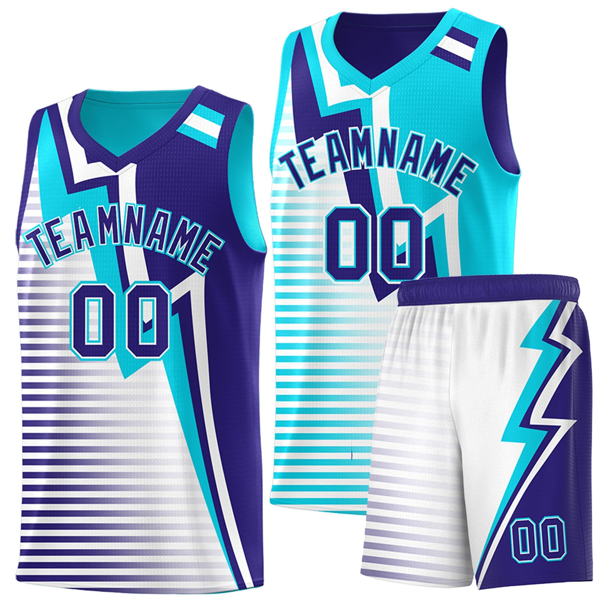 Custom Sky Blue Royal White Gradient Stripes Lightning Pattern Reversible Sets Basketball Jersey| KXKSHOP