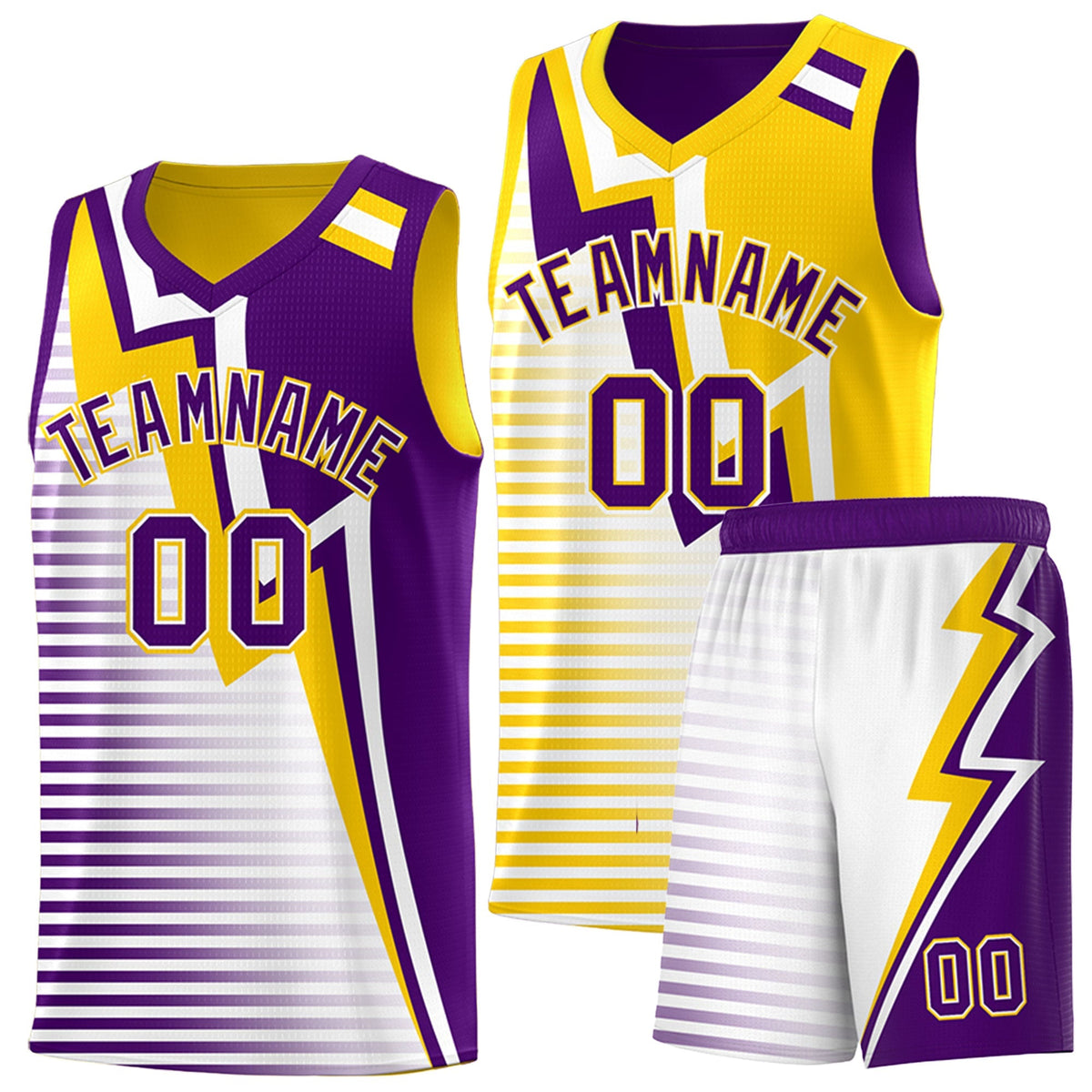 Custom Purple Gold White Gradient Stripes Lightning Pattern Reversible Sets Basketball Jersey| KXKSHOP
