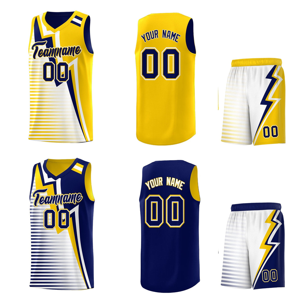 Custom Navy Gold White Gradient Stripes Lightning Pattern Reversible Sets Basketball Jersey| KXKSHOP