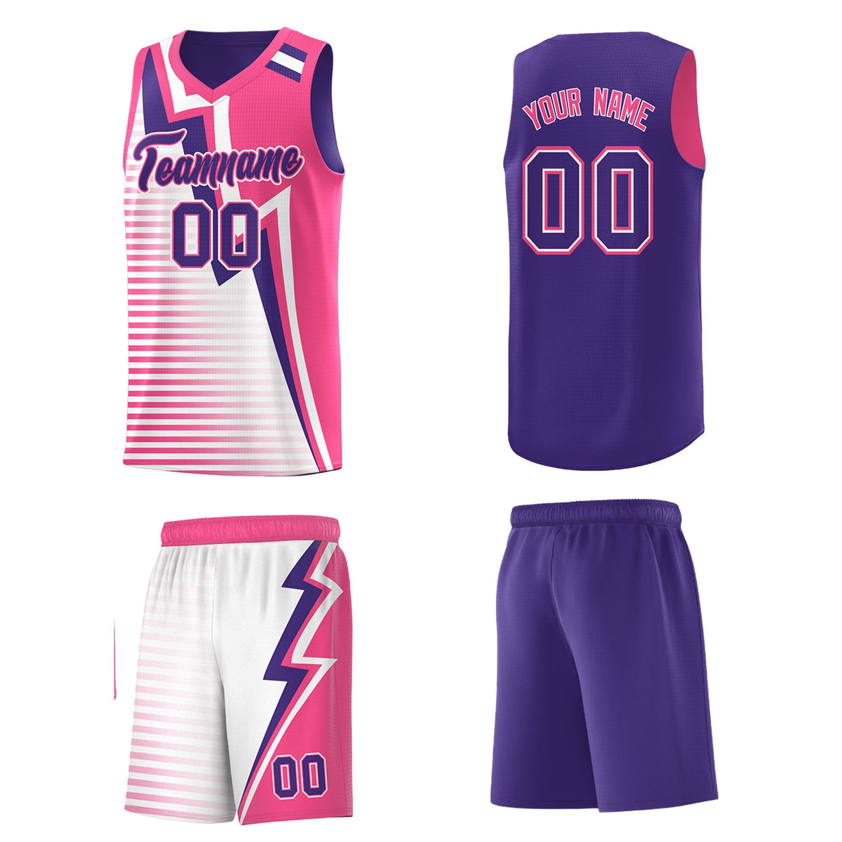 Custom Purple Pink White Gradient Stripes Lightning Pattern Reversible Sets Basketball Jersey| KXKSHOP