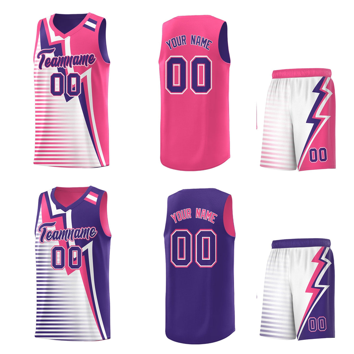 Custom Purple Pink White Gradient Stripes Lightning Pattern Reversible Sets Basketball Jersey| KXKSHOP