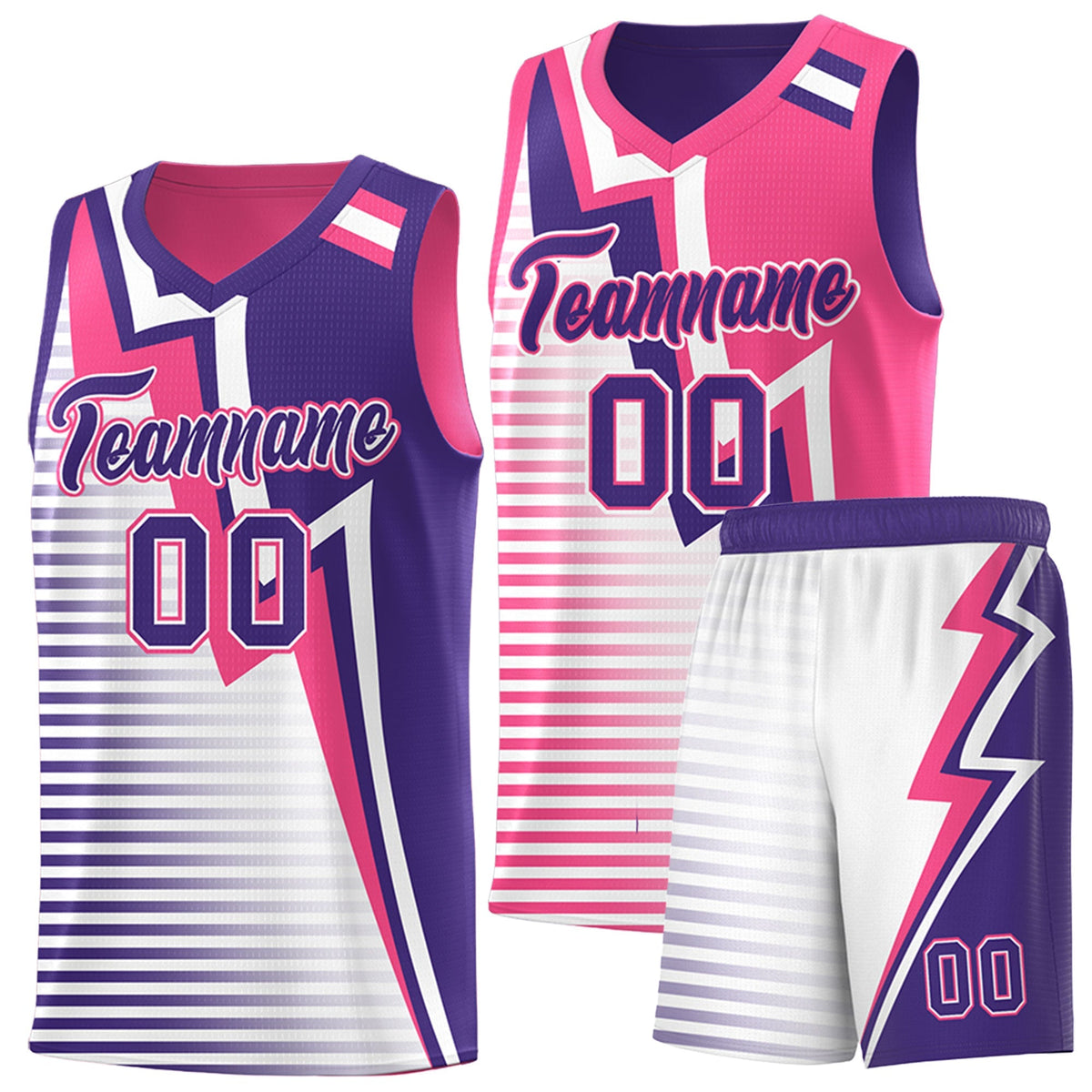 Custom Purple Pink White Gradient Stripes Lightning Pattern Reversible Sets Basketball Jersey| KXKSHOP