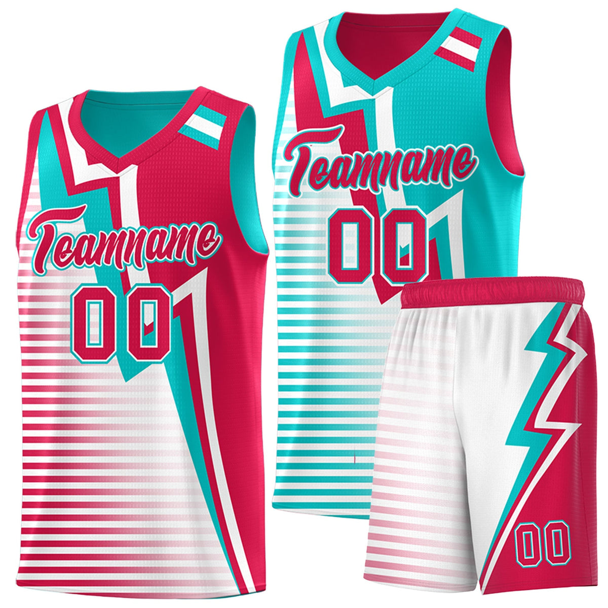 Custom Red Aqua White Gradient Stripes Lightning Pattern Reversible Sets Basketball Jersey| KXKSHOP