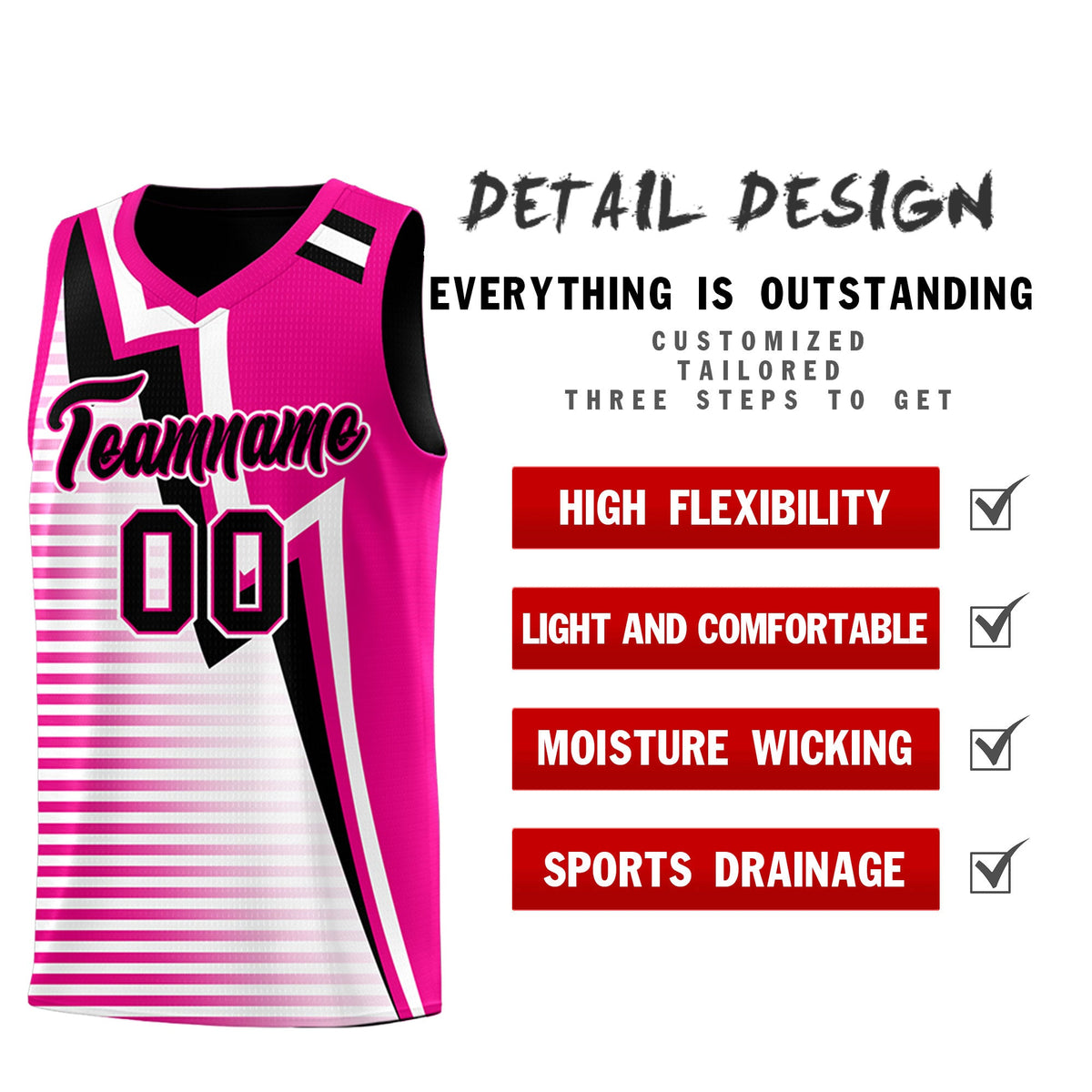 Custom Black Pink White Gradient Stripes Lightning Pattern Reversible Sets Basketball Jersey| KXKSHOP