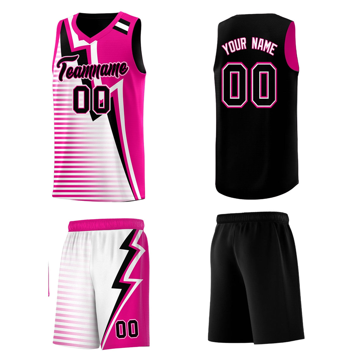 Custom Black Pink White Gradient Stripes Lightning Pattern Reversible Sets Basketball Jersey| KXKSHOP