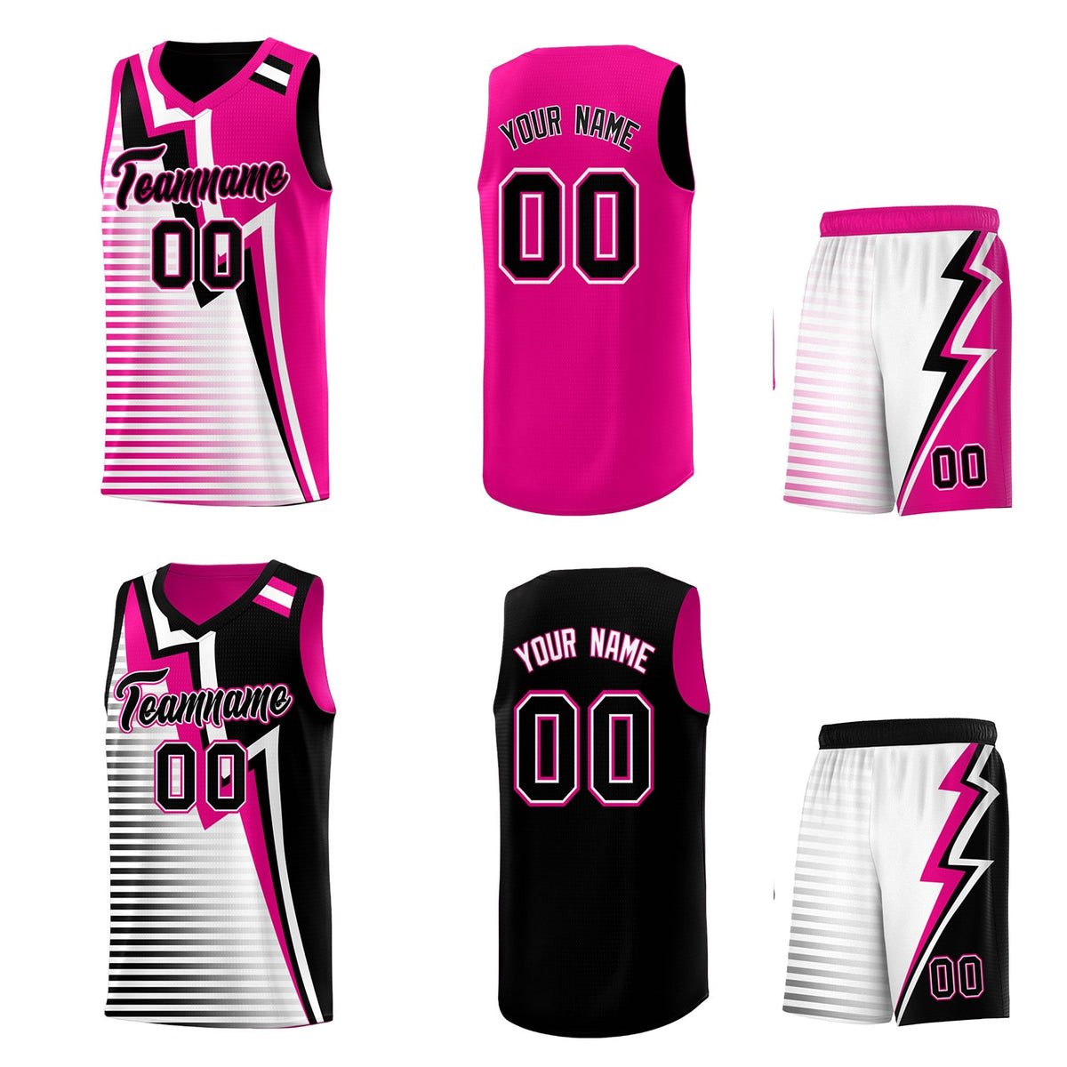 Custom Black Pink White Gradient Stripes Lightning Pattern Reversible Sets Basketball Jersey| KXKSHOP