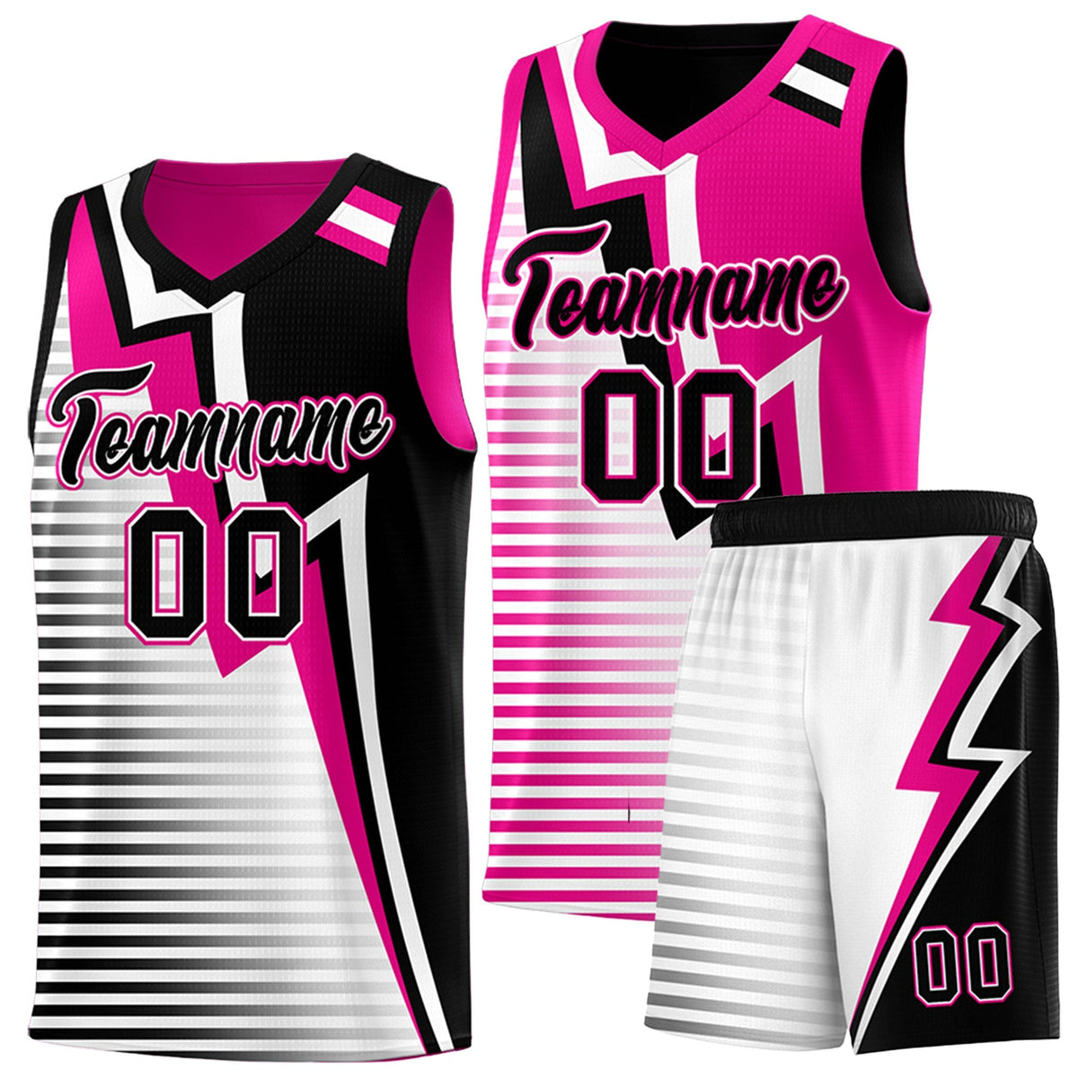 Custom Black Pink White Gradient Stripes Lightning Pattern Reversible Sets Basketball Jersey| KXKSHOP