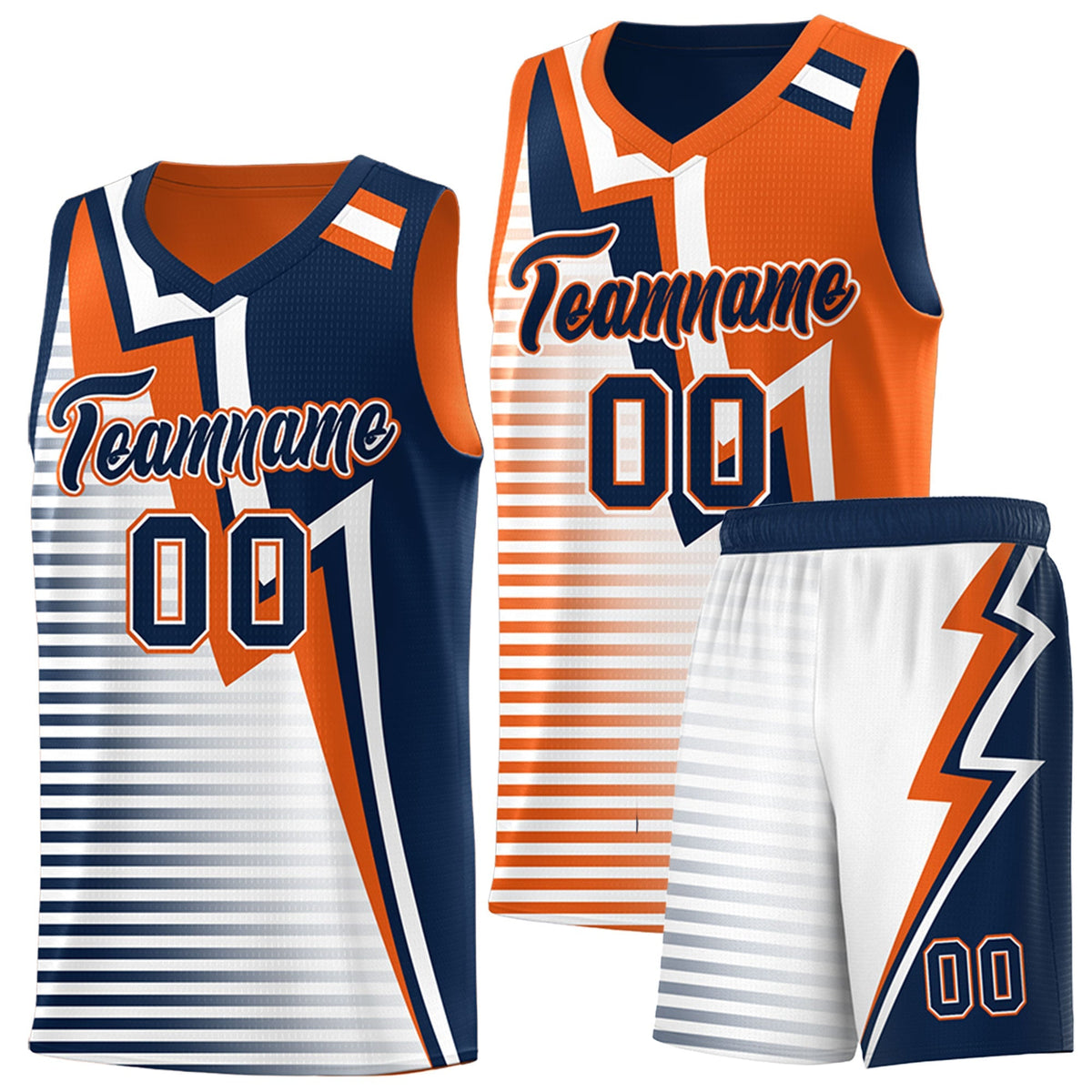 Custom Navy Orange White Gradient Stripes Lightning Pattern Reversible Sets Basketball Jersey| KXKSHOP