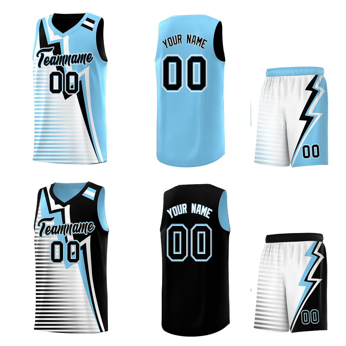Custom Black Light Blue White Gradient Stripes Lightning Pattern Reversible Sets Basketball Jersey| KXKSHOP