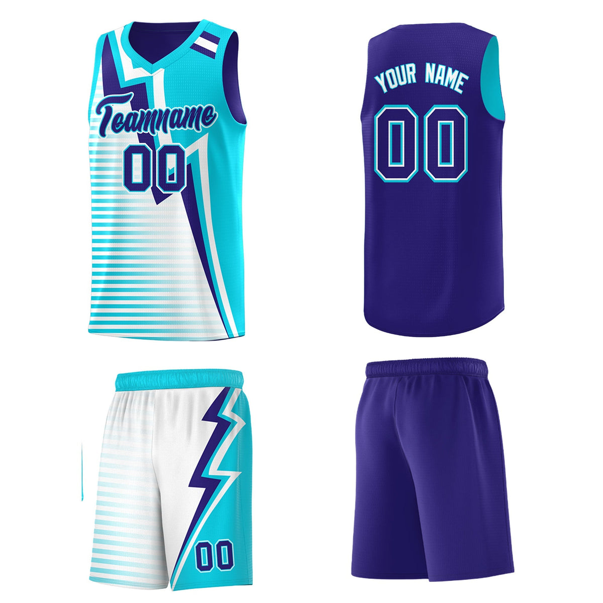 Custom Sky Blue Royal White Gradient Stripes Lightning Pattern Reversible Sets Basketball Jersey| KXKSHOP
