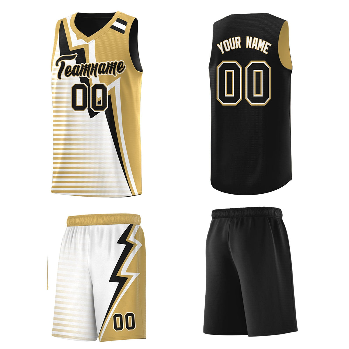 Custom Black Old Gold White Gradient Stripes Lightning Pattern Reversible Sets Basketball Jersey| KXKSHOP