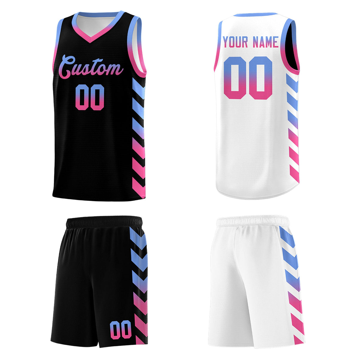 Custom White Black Reversible Basketball Jersey Kits - Side Arrow Light Blue Pink Gradient