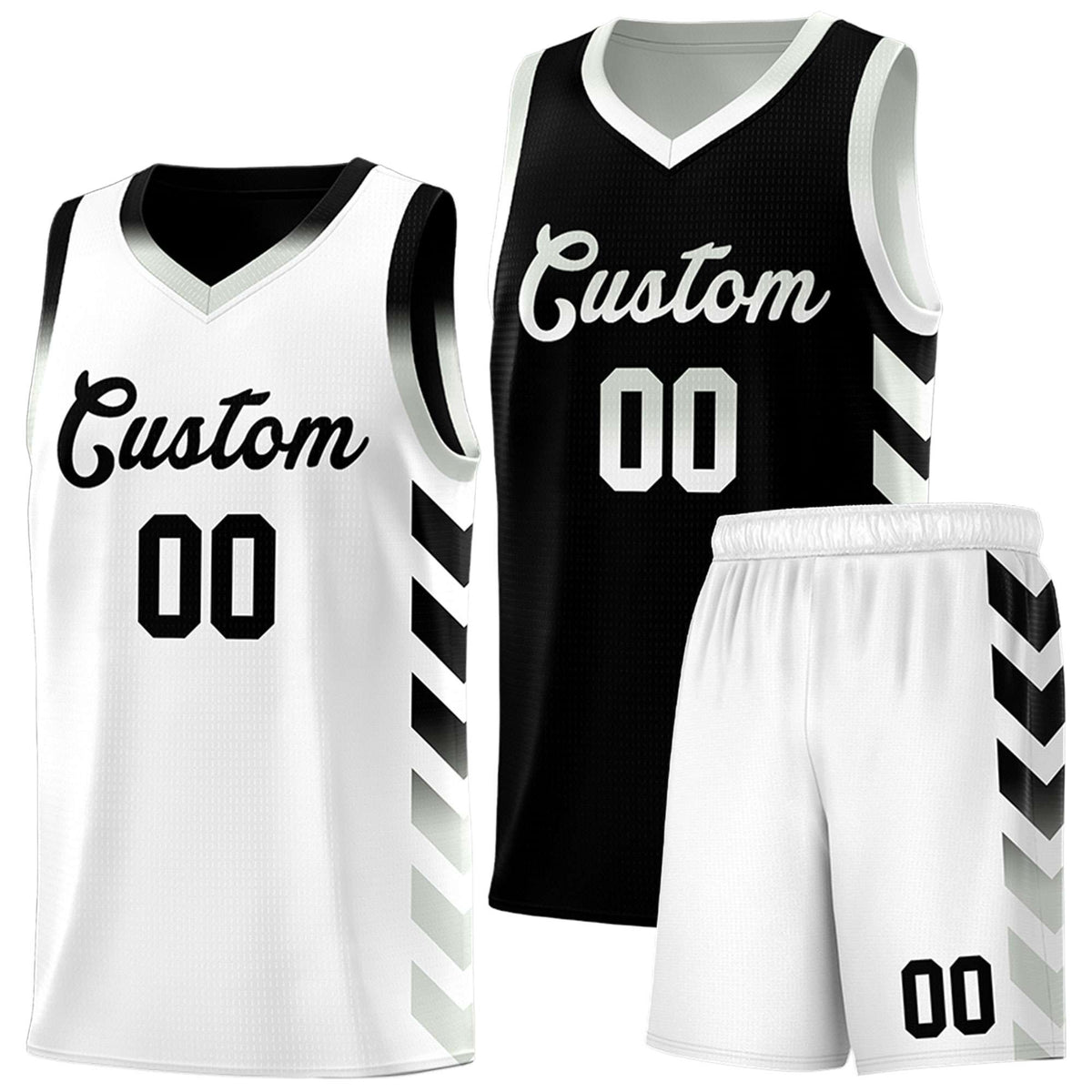 Custom White Black Reversible Basketball Jersey Kits - Side Arrow Black Gray Gradient