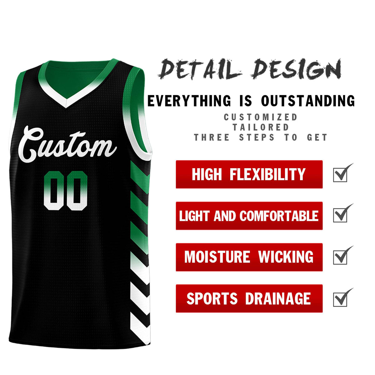 Custom Kelly Green Black Reversible Basketball Jersey Kits - Side Arrow Black White Gradient