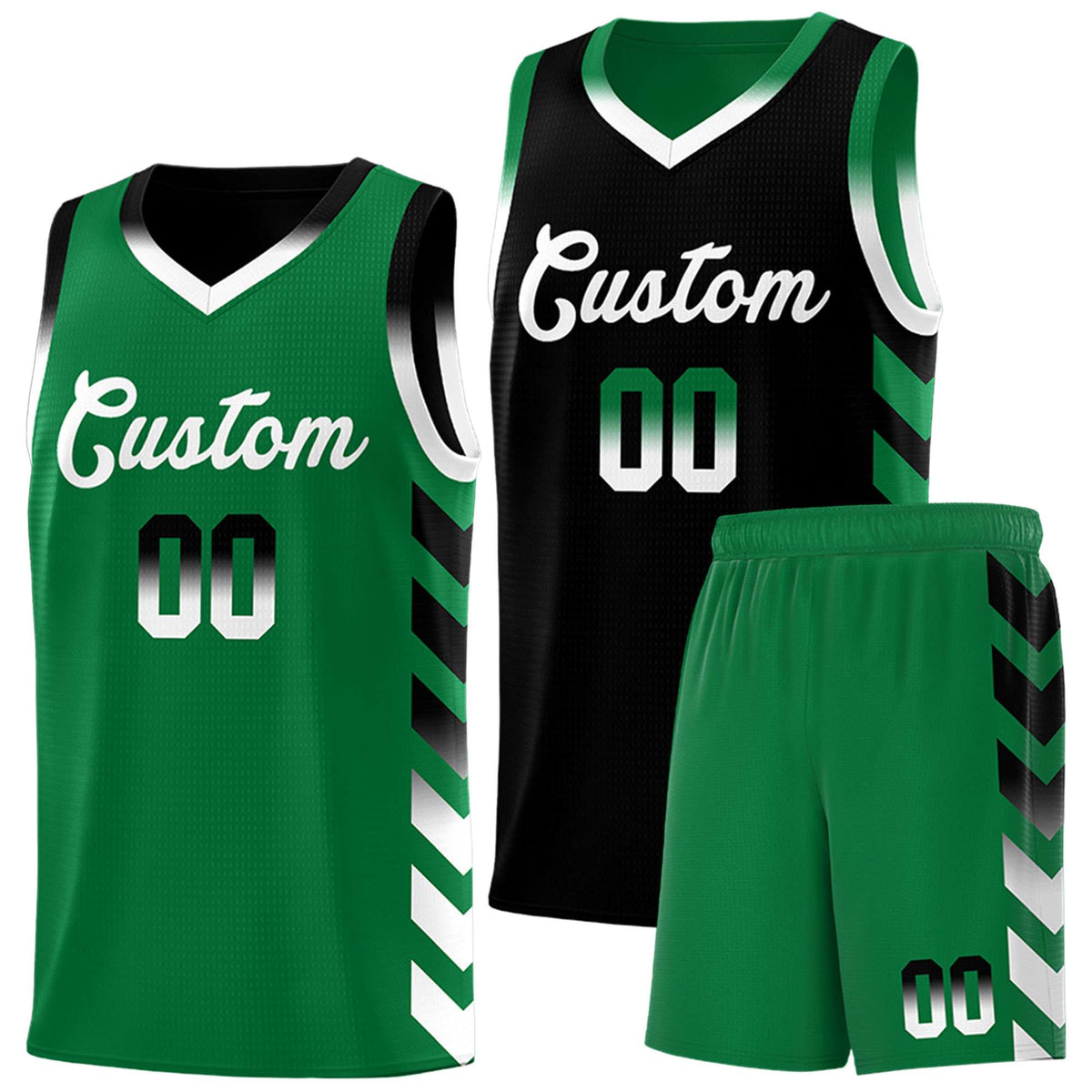 Custom Kelly Green Black Reversible Basketball Jersey Kits - Side Arrow Black White Gradient