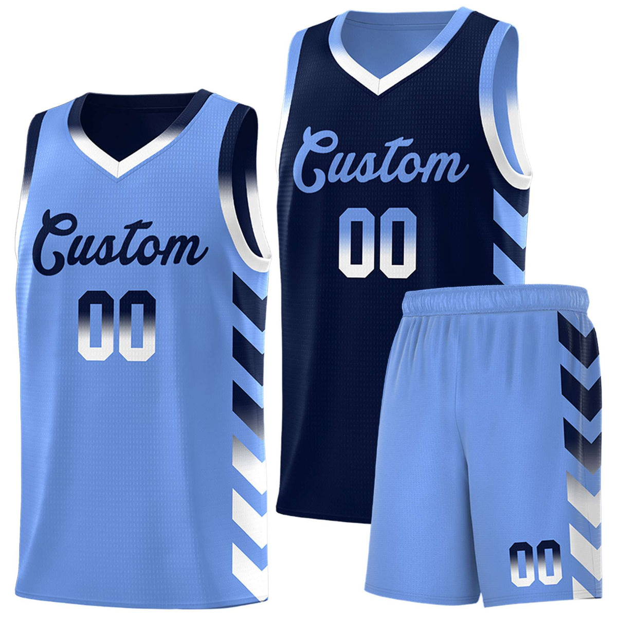 Custom Light Blue Navy Reversible Basketball Jersey Kits - Side Arrow Navy White Gradient