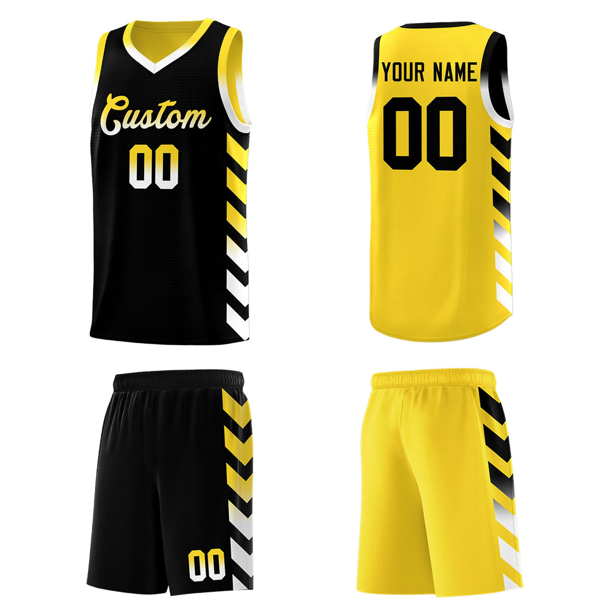 Custom Gold Black Reversible Basketball Jersey Kits - Side Arrow Black White Gradient