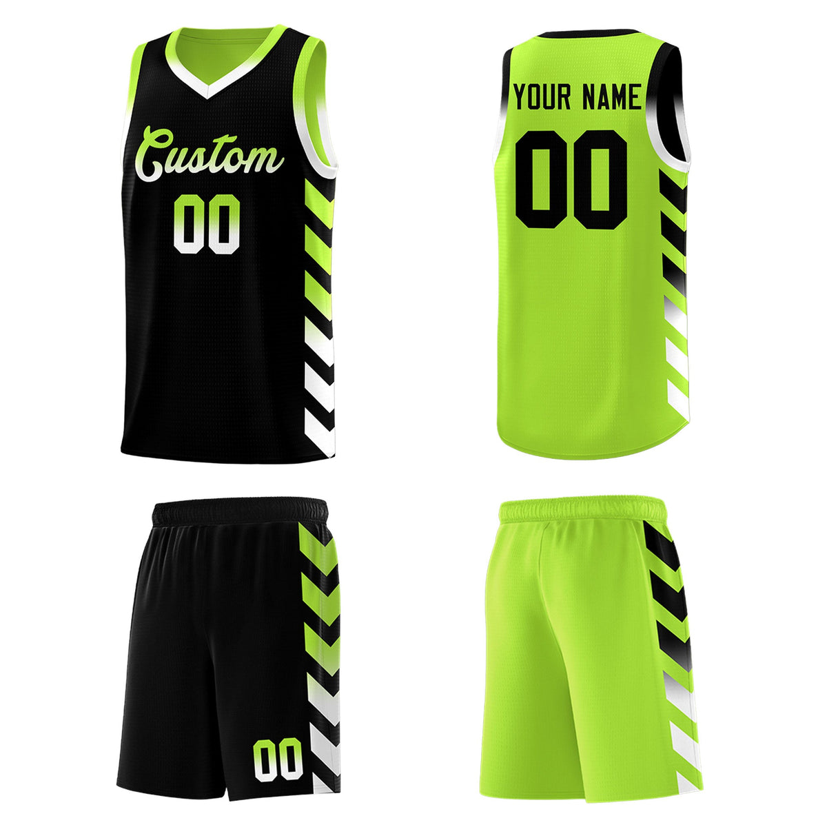 Custom Neon Greed Black Reversible Basketball Jersey Kits - Side Arrow Black White Gradient