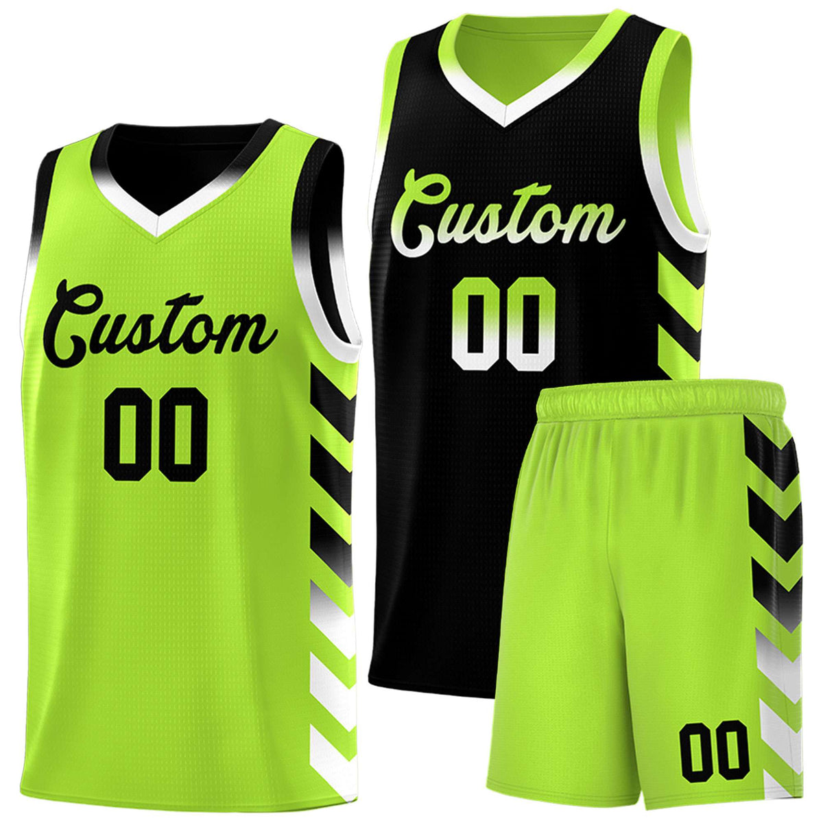 Custom Neon Greed Black Reversible Basketball Jersey Kits - Side Arrow Black White Gradient