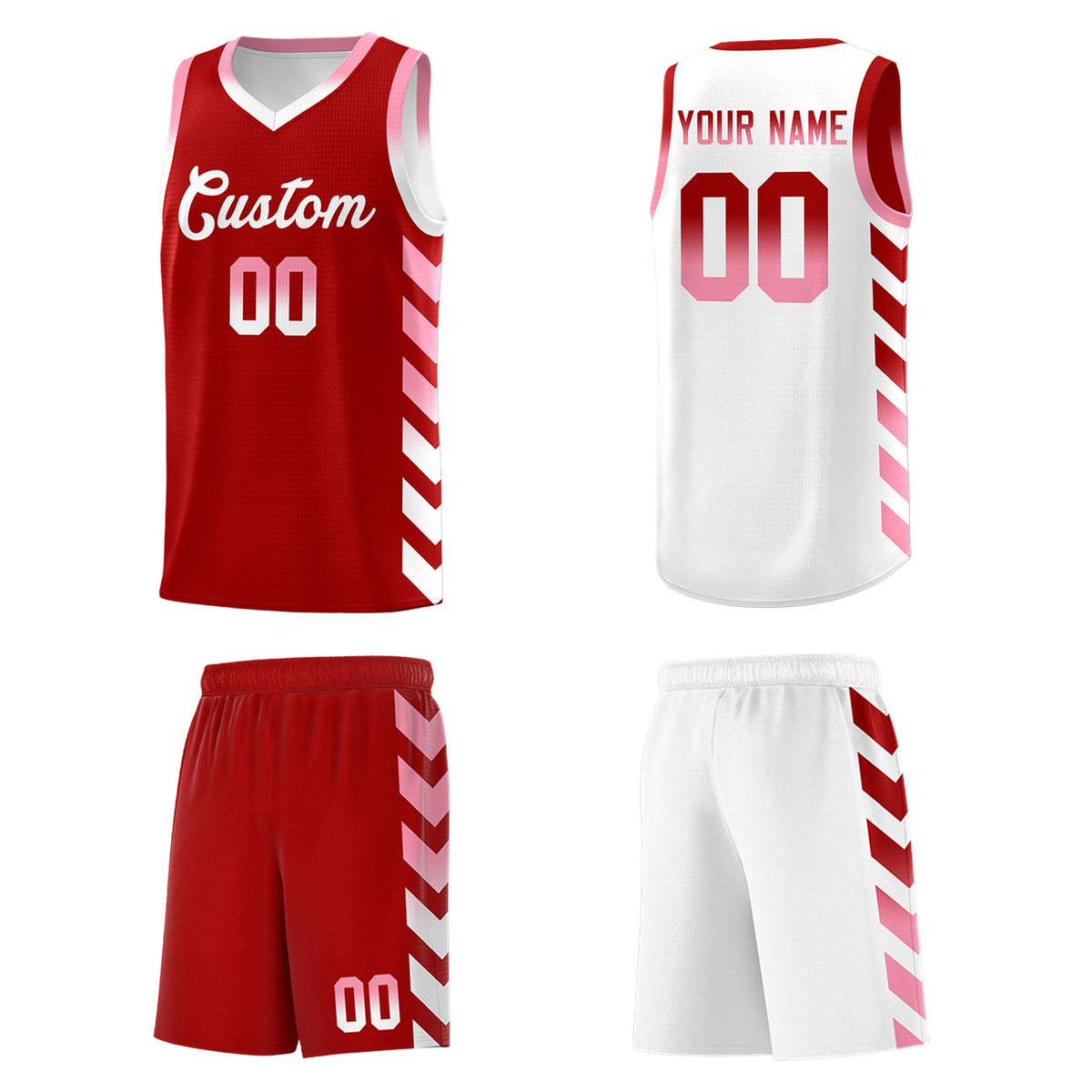Custom White Red Reversible Basketball Jersey Kits - Side Arrow Red Light Pink Gradient