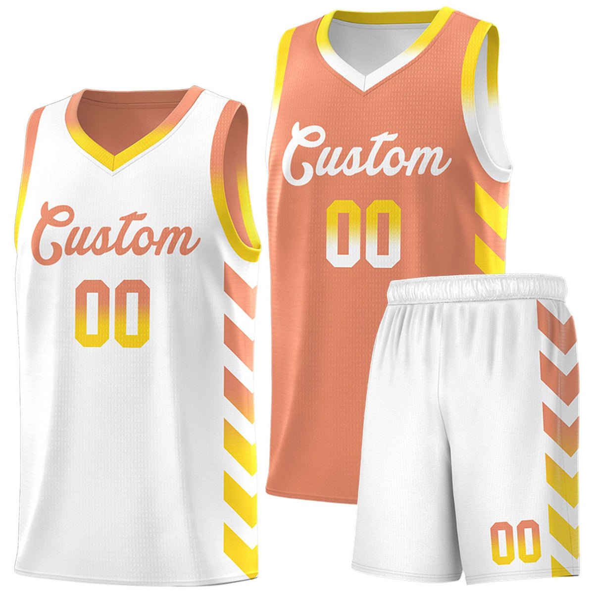 Custom White Light Orange Reversible Basketball Jersey Kits - Side Arrow Light Orange Gold Gradient