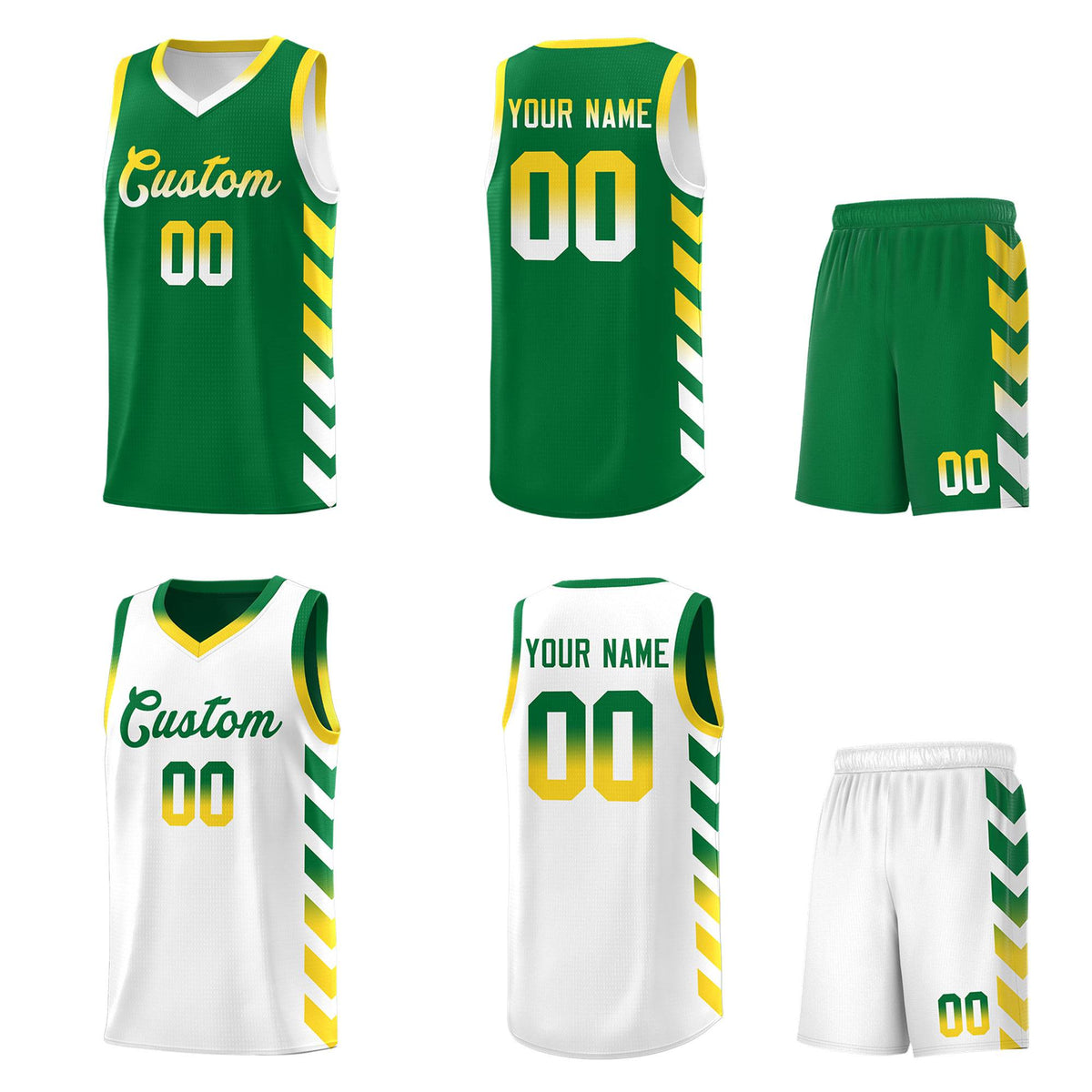 Custom White Kelly Green Reversible Basketball Jersey Kits - Side Arrow Kelly Green Gold Gradient