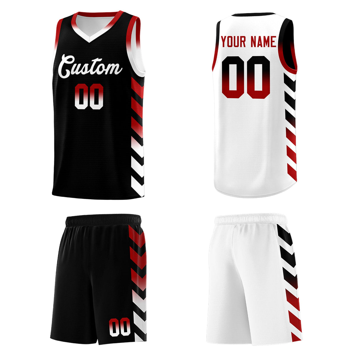 Custom White Black Reversible Basketball Jersey Kits - Side Arrow Black Red Gradient