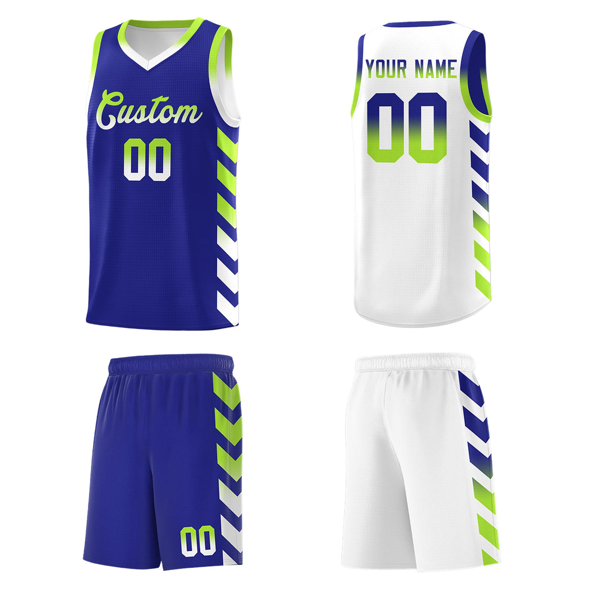 Custom White Royal Reversible Basketball Jersey Kits - Side Arrow Royal Neon Green Gradient