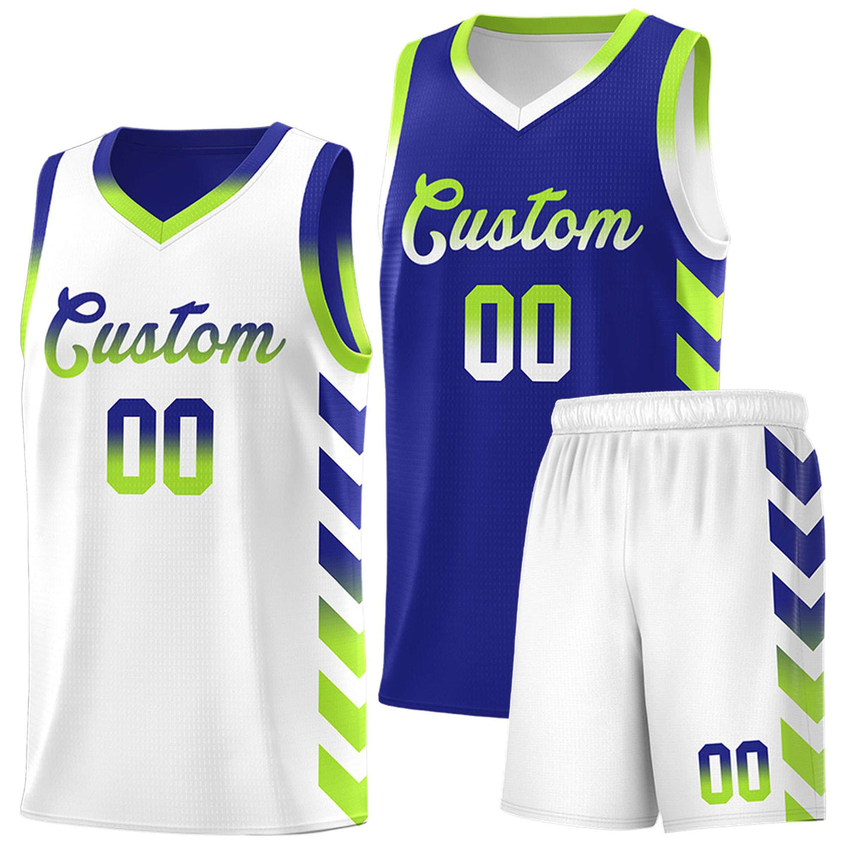 Custom White Royal Reversible Basketball Jersey Kits - Side Arrow Royal Neon Green Gradient