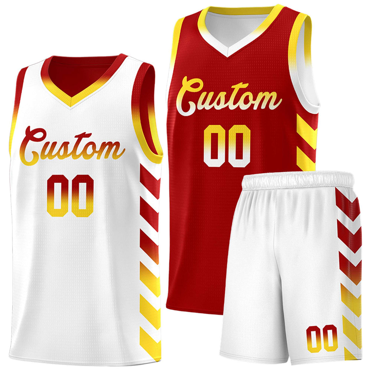 Custom White Red Reversible Basketball Jersey Kits - Side Arrow Red Gold Gradient
