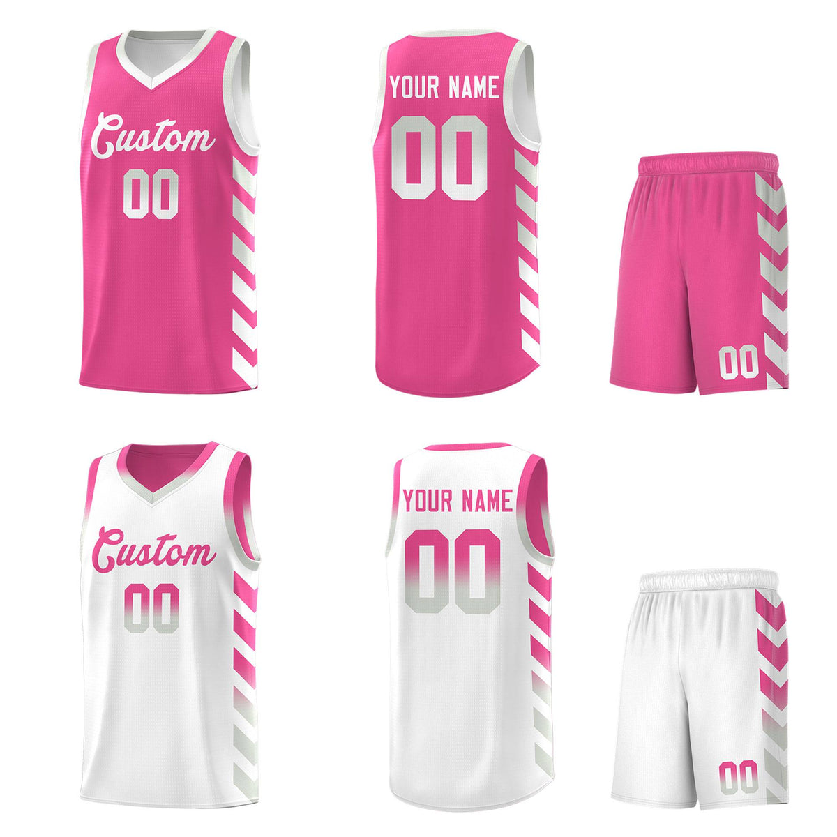 Custom White Pink Reversible Basketball Jersey Kits - Side Arrow Pink Gray Gradient