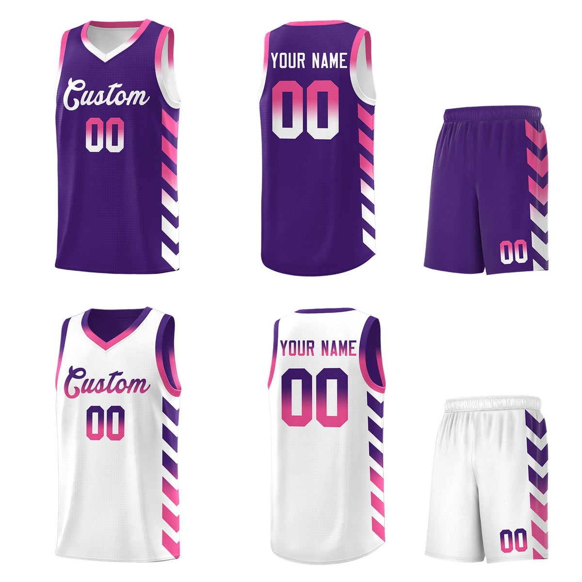 Custom White Purple Reversible Basketball Jersey Kits - Side Arrow Purple Pink Gradient