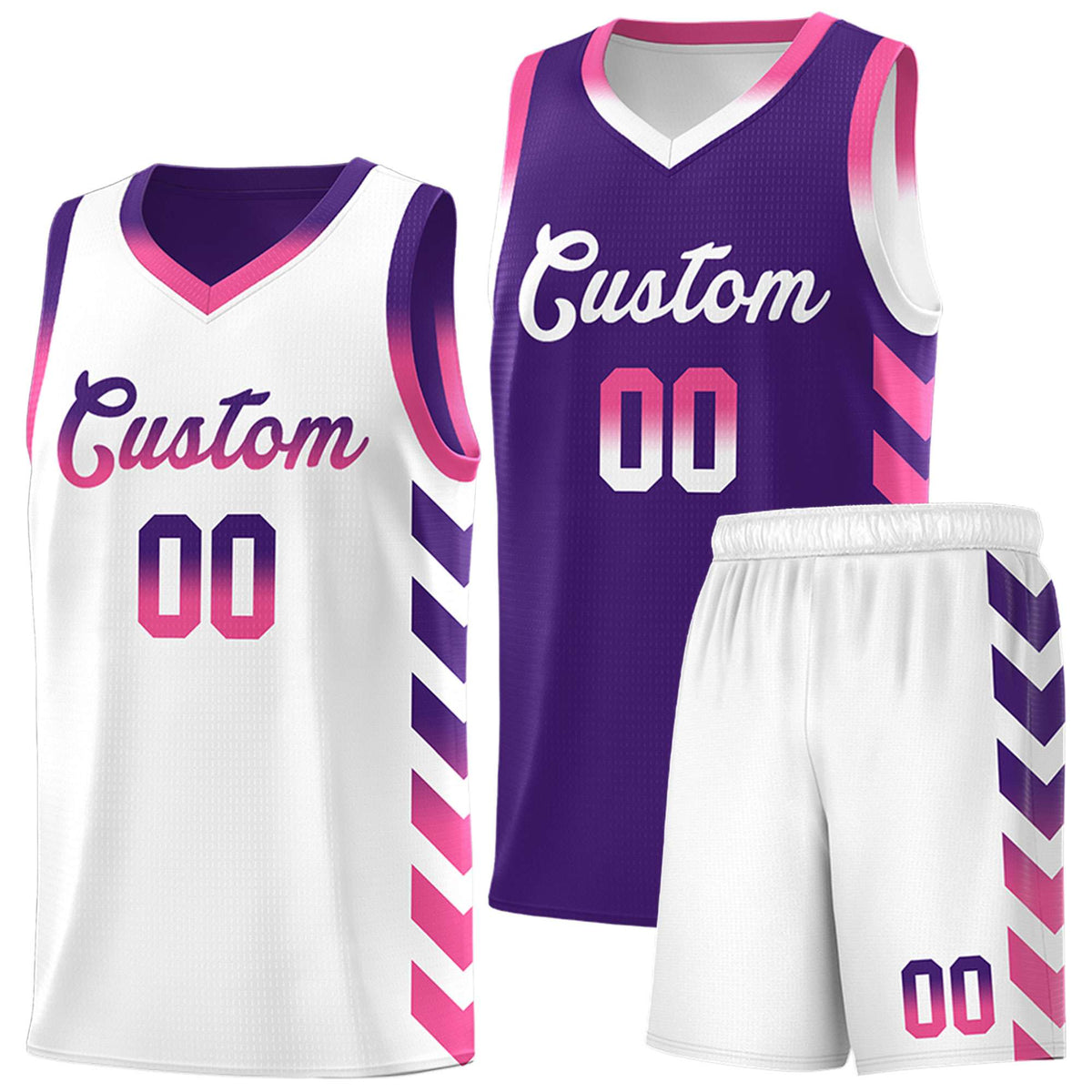 Custom White Purple Reversible Basketball Jersey Kits - Side Arrow Purple Pink Gradient