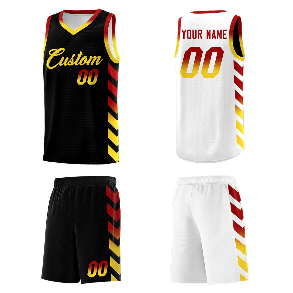 Custom White Black Reversible Basketball Jersey Kits - Side Arrow Red Gold Gradient