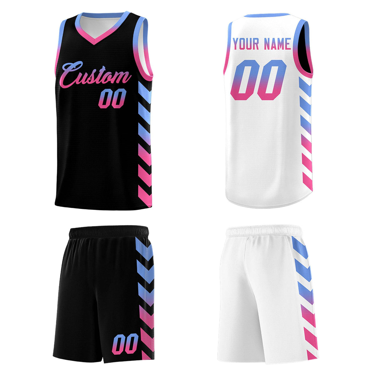Custom White Black Reversible Basketball Jersey Kits - Side Arrow Light Blue Pink Gradient