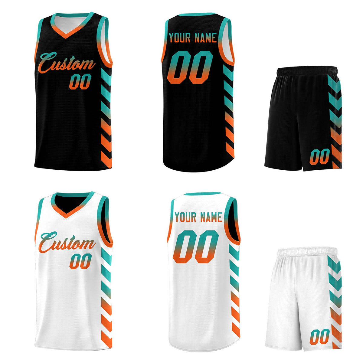 Custom White Black Reversible Basketball Jersey Kits - Side Arrow Aqua Orange Gradient