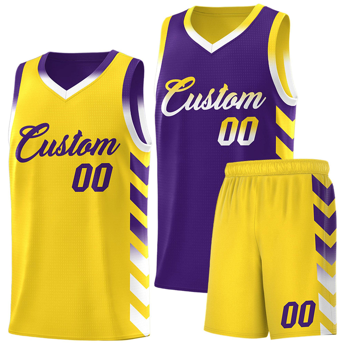 Custom Gold Purple Reversible Basketball Jersey Kits - Side Arrow Purple White Gradient