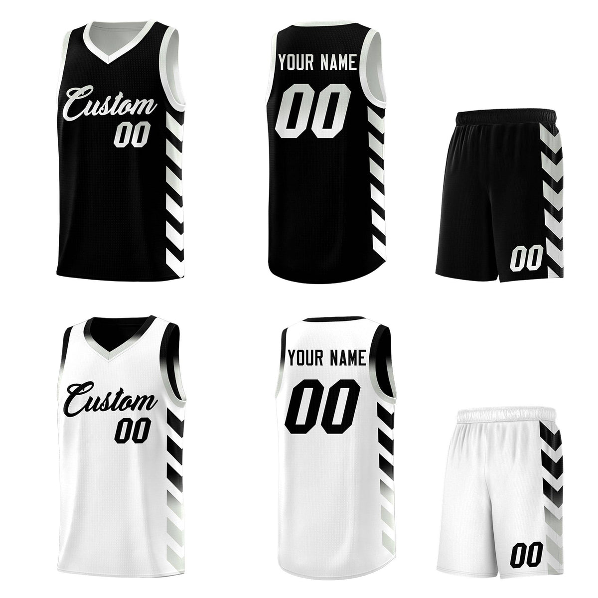 Custom White Black Reversible Basketball Jersey Kits - Side Arrow Black Gray Gradient