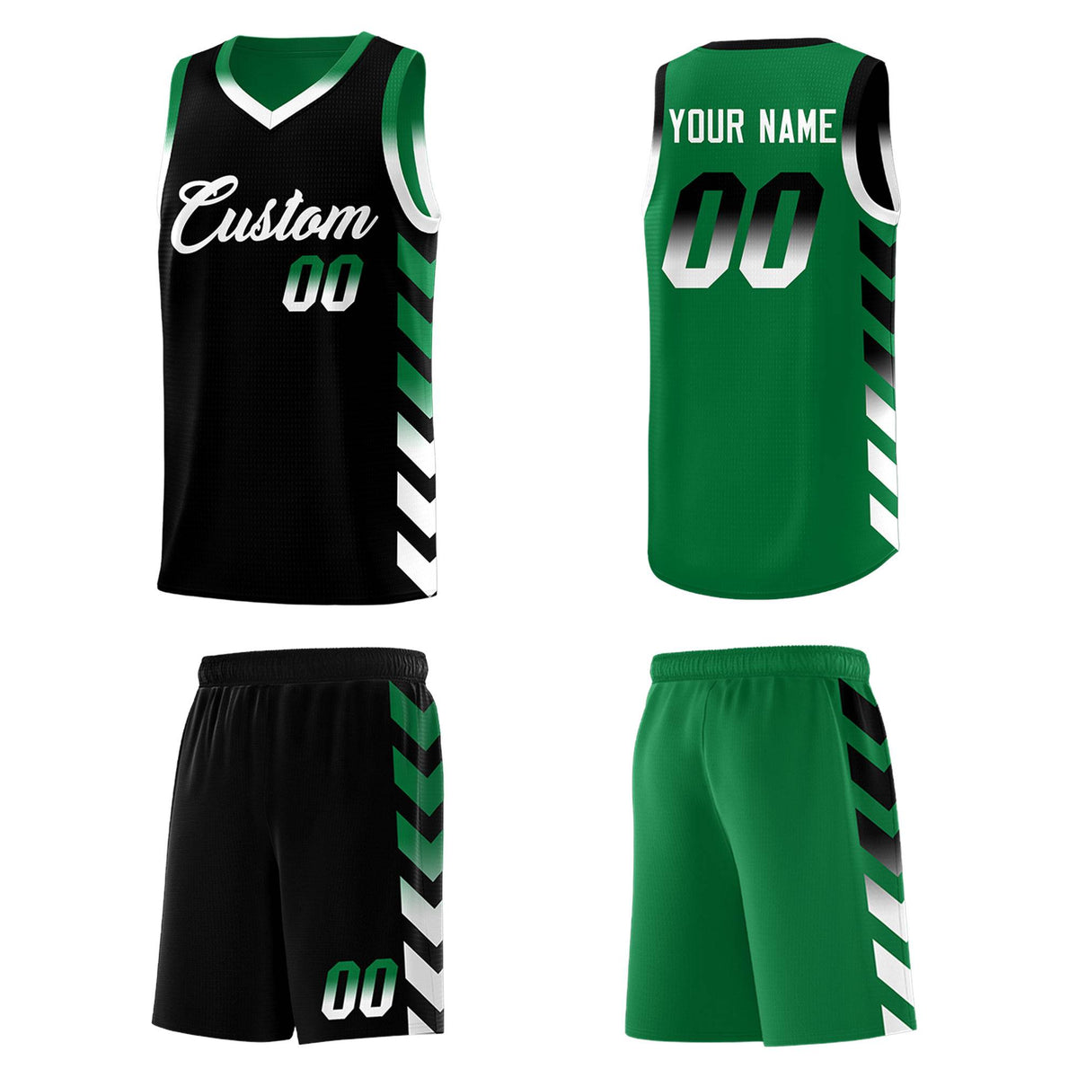 Custom Kelly Green Black Reversible Basketball Jersey Kits - Side Arrow Black White Gradient