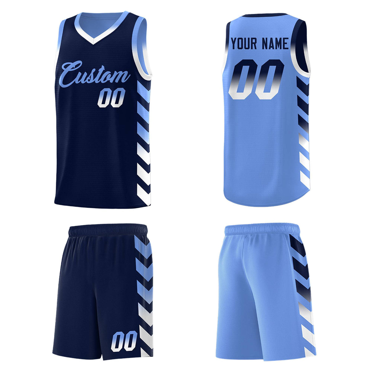 Custom Light Blue Navy Reversible Basketball Jersey Kits - Side Arrow Navy White Gradient