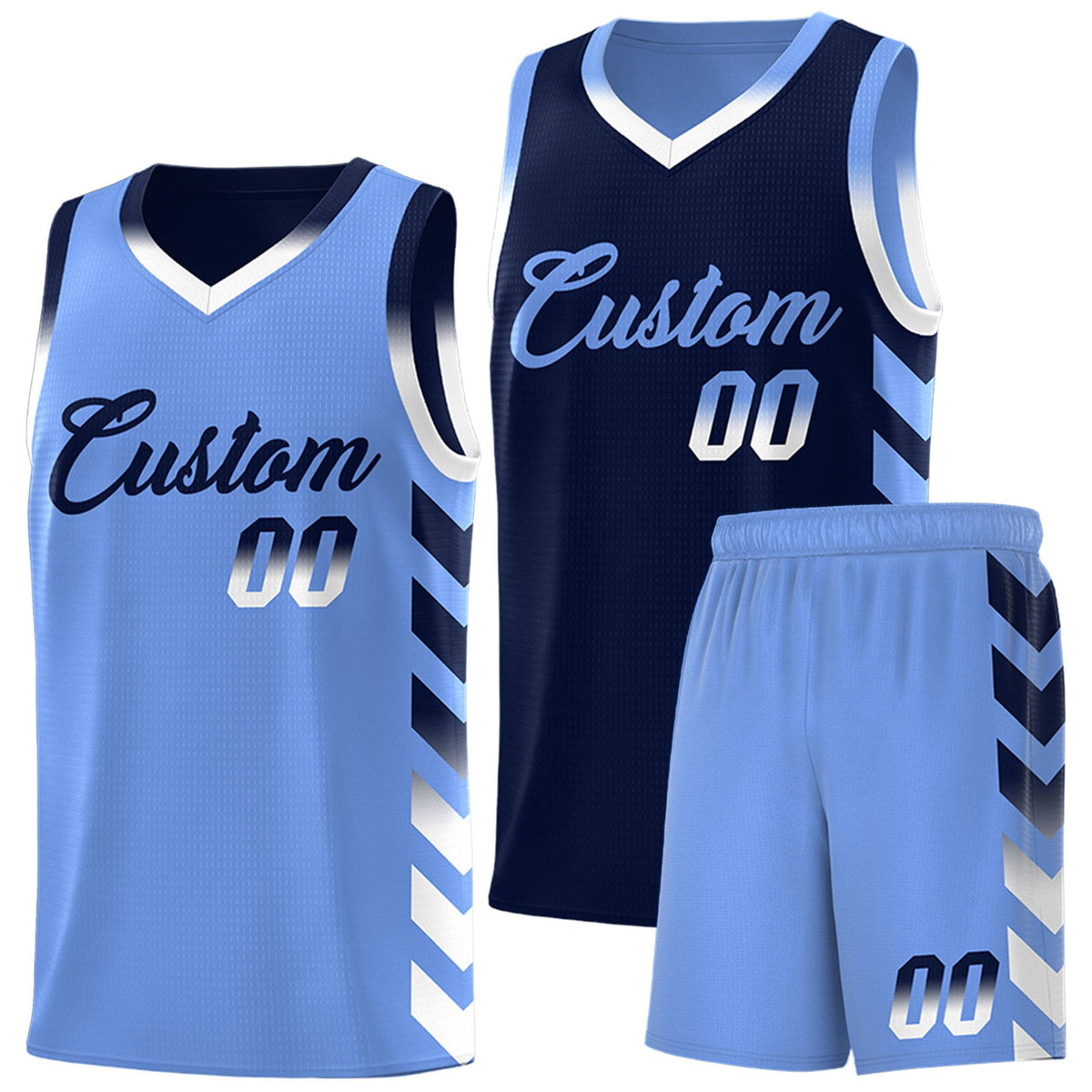 Custom Light Blue Navy Reversible Basketball Jersey Kits - Side Arrow Navy White Gradient
