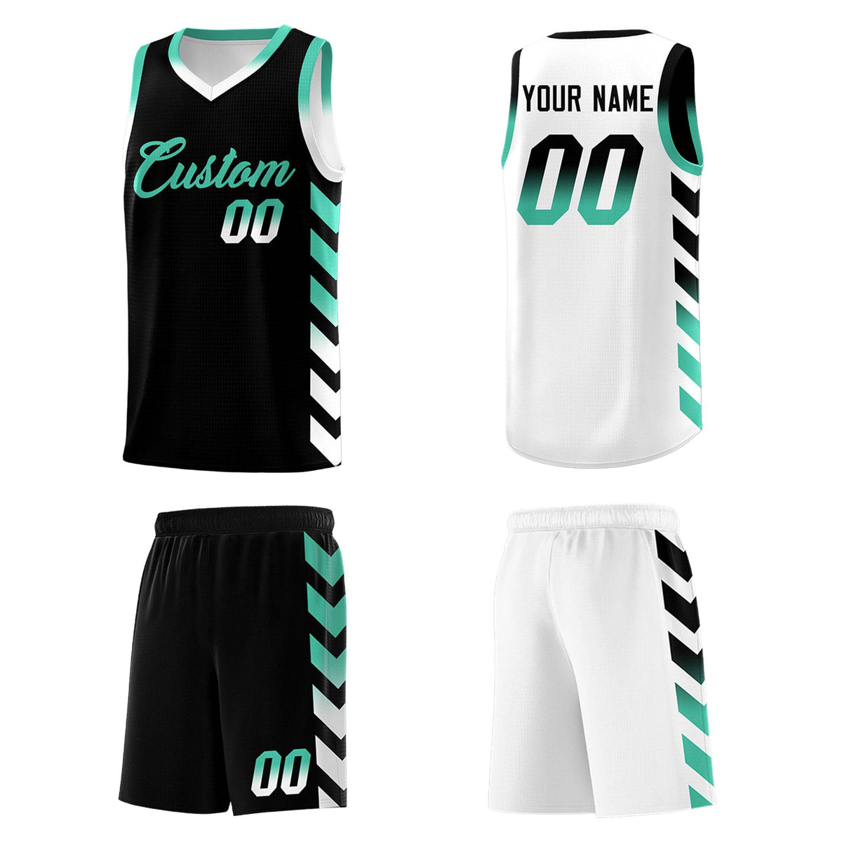Custom White Black Reversible Basketball Jersey Kits - Side Arrow Black Bright Green Gradient