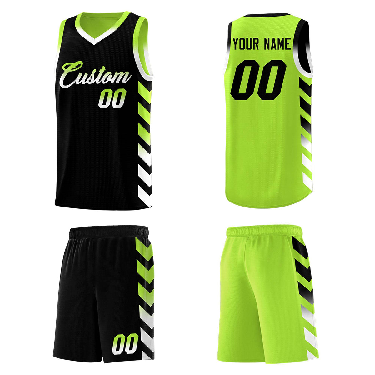 Custom Neon Greed Black Reversible Basketball Jersey Kits - Side Arrow Black White Gradient